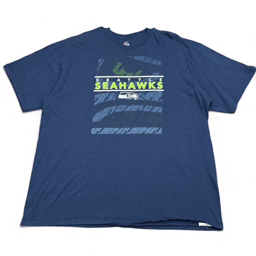 Majestic Seattle Seahawks T Shirt Adult Size 2XL XXL Blue Double Sided Retro NFL